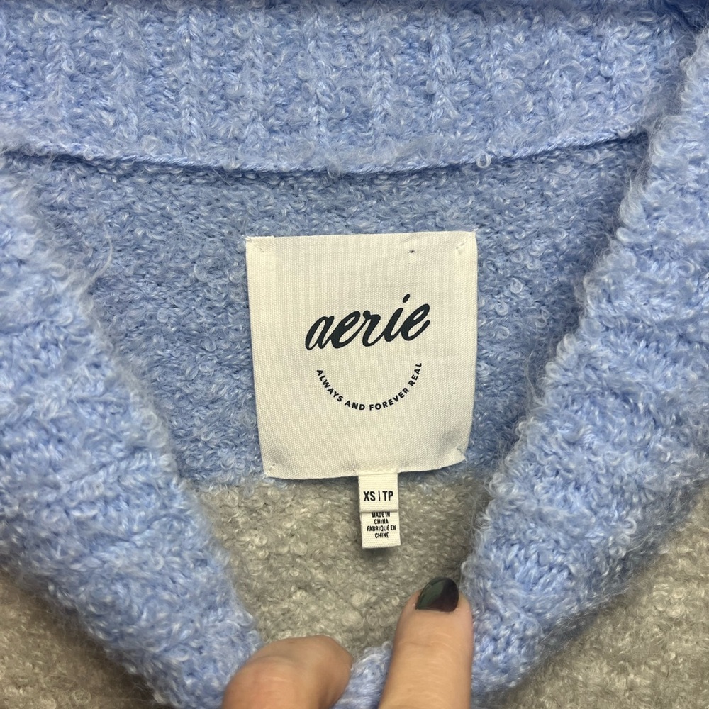 Aerie Oversized Teddy Boucle Blue and Gray Fuzzy V-Neck Sweater - Picture 3 of 6